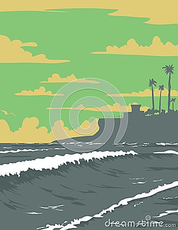 Cardiff Reef on the Coast Highway in Encinitas San Diego California WPA Poster Art Vector Illustration