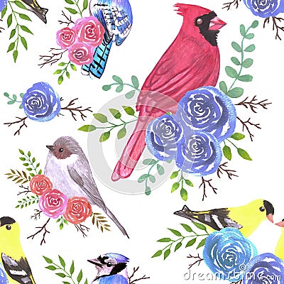 Cardinals, bushtits, blue jays and goldfinches on rose blossoms Vector Illustration