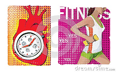 Cardio. Set of two illustrations about cardio. An anatomical image of the heart with a stylized stopwatch inside. Cartoon Illustration