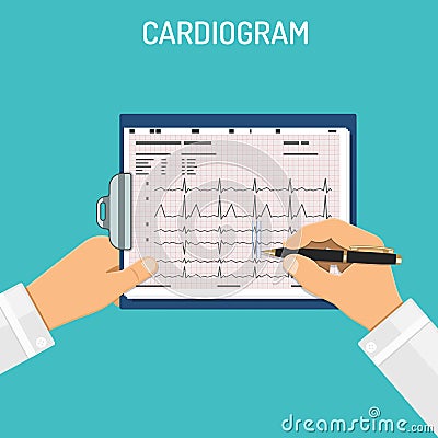 Cardiogram on clipboard in hands of doctor Vector Illustration