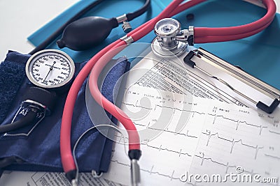 Cardiogram pulse trace, stethoscope and sphygmomanometer Stock Photo