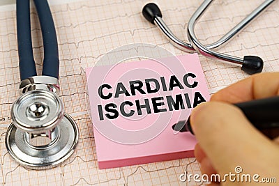On the cardiograms there is a stethoscope and a sticker with the inscription - cardiac ischemia Stock Photo