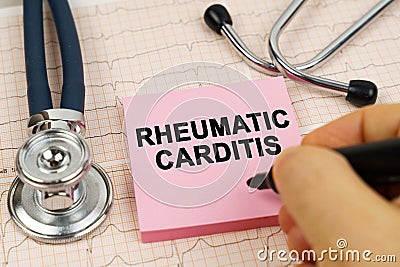 On the cardiograms there is a stethoscope and a sticker with the inscription - Rheumatic carditis Stock Photo