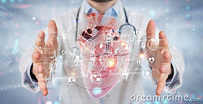 Cardiologist using digital x-ray of human heart holographic scan projection 3D rendering Stock Photo