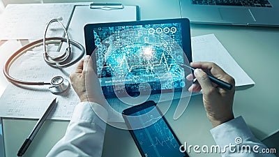 Cardiologist doctor analysis and checking data patient and electronic medical record in tablet on digital modern virtual screen Stock Photo