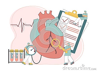 Cardiology concept. Heart treatment. Disease of hypertension. Heart failure. Vector Illustration