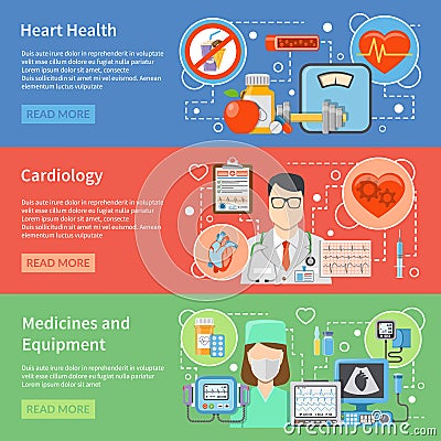 Cardiology Flat Banners Vector Illustration