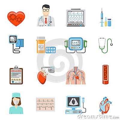 Cardiology Flat Icons Set Vector Illustration