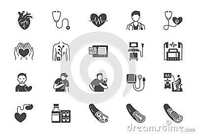 Cardiology flat icons. Vector illustration included icon as heart attack, ecg monitor, doctor, pacemaker, defibrillator Vector Illustration