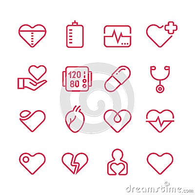 Cardiology medicine vector line icons. Cardiologist and heart diseases vector symbols Vector Illustration