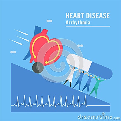 Cardiology vector illustration. On blue background, heart disease problem called tachycardia arrhythmia. Periodic signal is fast Vector Illustration