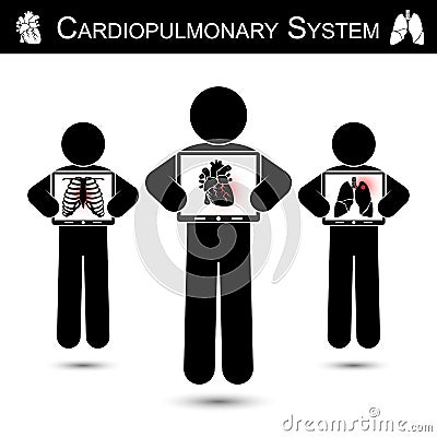 Cardiopulmonary System . Human hold monitor screen and show imaging of Skeleton ( chest injury ) , Heart ( Myocardial Infarction Vector Illustration