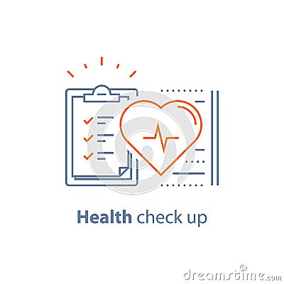 Cardiovascular disease test, health check up checklist, heart diagnostic, electrocardiography service, hypertension risk Vector Illustration