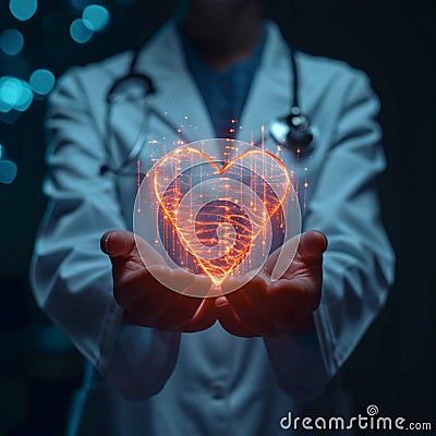 Cardiovascular health Doctor showcases heart wave icon, emphasizing heart wellness Stock Photo