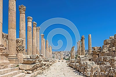 Cardo. The colonnaded streets at Jerash archaeological site. Jordan Stock Photo