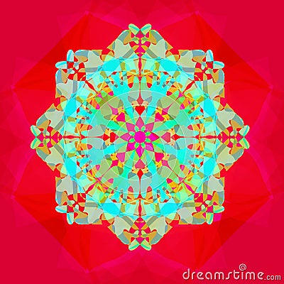 LACE FLOWER MANDALA IN A RED BACKGROUND . WITH A CENTRAL FLOWER IN FUCHSIA. BRIGHT COLORS AQUAMARINE,TURQUOISE Stock Photo