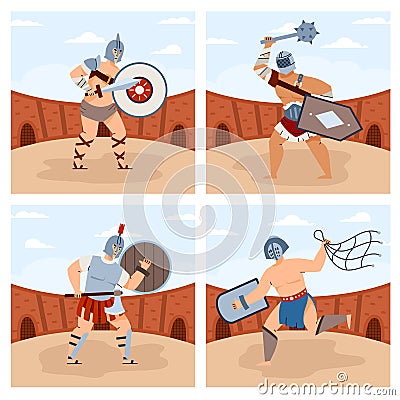 Cards set with gladiators armed with various weapon cartoon vector illustration. Vector Illustration