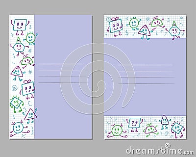 Cards with children`s pencil drawings on a checkered sheet, monsters, emotions, poses. Vector Illustration