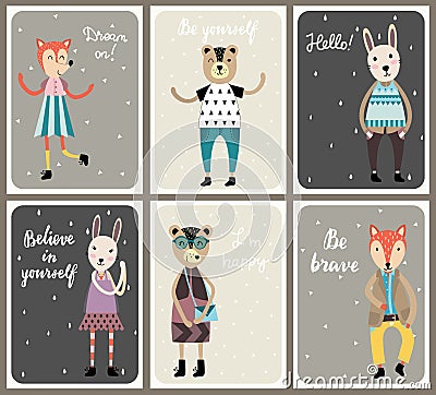 Cards with cute fashion animals set in scandinavian style. Vector Illustration