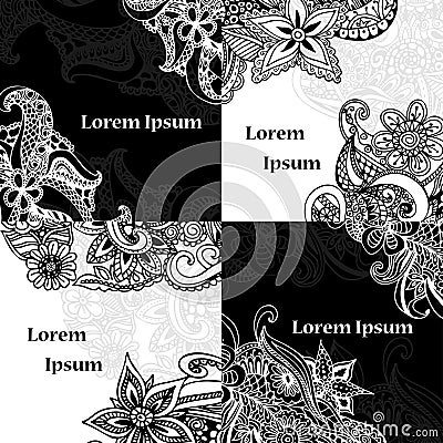 Cards design set. Mandala and doodle background. Decorative elements for poster, invitation. Oriental templates with place for tex Vector Illustration