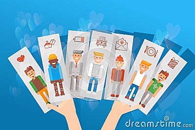 Cards with differnt character set vector illustration. Choice between men, girl s hand holding image guys and date icons Vector Illustration