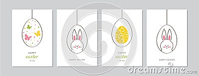 Easter cards set with hand drawn hangings eggs with bunnies and butterflies. Cartoon Illustration