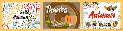 Cards Hello Autumn, Thank. Seasonal concept banner with quote Vector Illustration