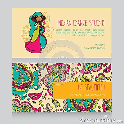 Cards for indian dance studio with paisley ornament and cute indian woman Vector Illustration