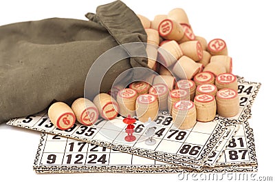 Cards and kegs for Russian lotto (bingo game) isolated on white Stock Photo