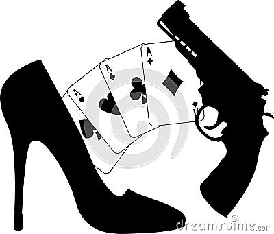 Cards, pistol and women shoe Vector Illustration