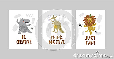 Cards or posters set with cute animals, Hippo, kangaroo, lion in cartoon style Vector Illustration