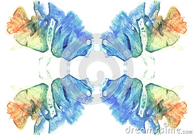 Cards of rorschach inkblot test. Watercolor picture. Abstract background. Blue, orange, yellow and green paint. Stock Photo
