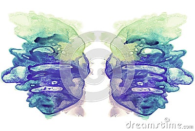 Cards of rorschach inkblot test. Wings. Blue, cyan and yellow watercolor blotch. Stock Photo