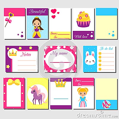 Cards, sticky notes, stickers, labels, tags, with cute princess characters. Template for kids scrapbook, invitations. Stationery f Vector Illustration