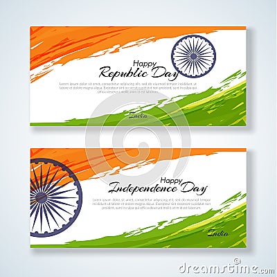 Cards with the text Republic Day and Independence Day of India Grunge background with color of the national flag of India Template Vector Illustration