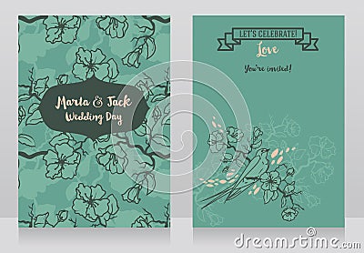 Cards for wedding with blooming tree branches and sitting swallow Vector Illustration