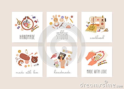 Cards' set with sewing, embroidery, needlework, crochet and bead craft hobbies. Design of stickers with different Vector Illustration