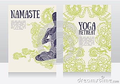 Cards for yoga retreat or yoga studio with paisley ornament and human in lotus asana Vector Illustration