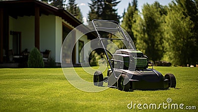 Green working lawn gardener spring mow cut care summer grass mower equipment outdoors Stock Photo