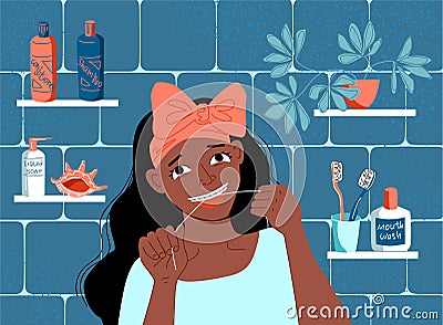 Daily care of dental health. Young dark skinned afro woman with braces flossing her teeth with dental floss in the bathroom. Cartoon Illustration