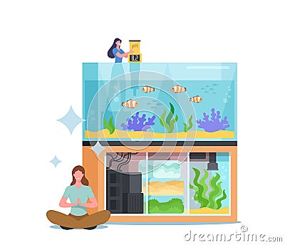 Care of Fish Pets, Aquaristics Hobby Concept. Female Character Measure Water Temperature in Aquarium with Various Decor Vector Illustration