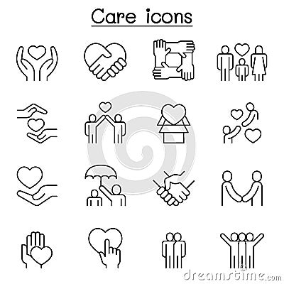 Care, generous and sympathize icon set in thin line style Vector Illustration