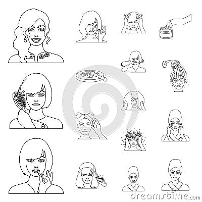 Care of hair and face outline icons in set collection for design. Perfumes and makeup vector symbol stock web Vector Illustration