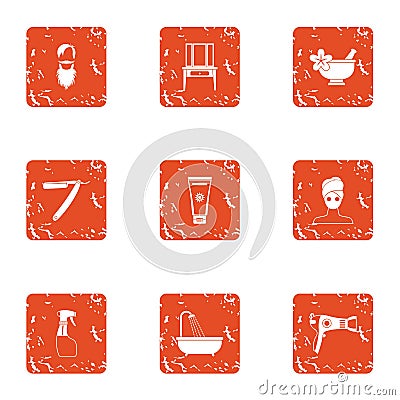 Care of hair icons set, grunge style Vector Illustration