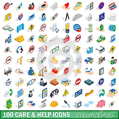 100 care and help icons set, isometric 3d style Vector Illustration