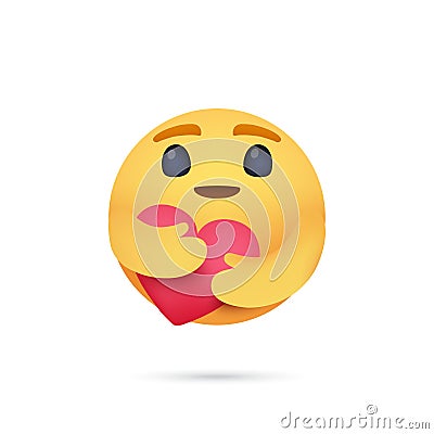 Care hugging face holding a red love heart. Facebook emoji with shadow on a white background Vector Illustration