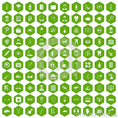 100 care icons hexagon green Vector Illustration