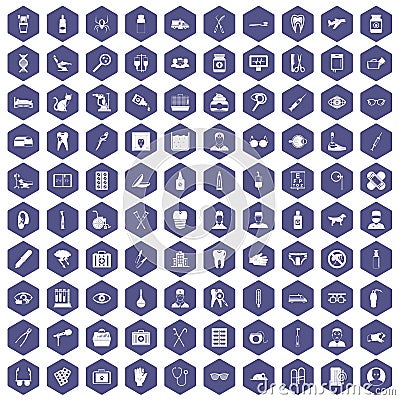 100 care icons hexagon purple Vector Illustration