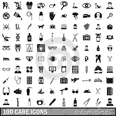 100 care icons set, simple style Vector Illustration