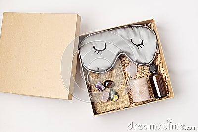 Care package for natural treatment of insomnia. Gift box for better sleep quality Stock Photo